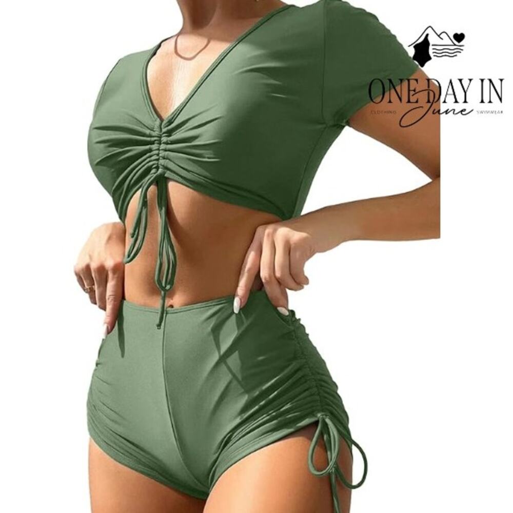 Lilosy Crop Short Sleeve Drawstring Bikini Swimsuit Size S